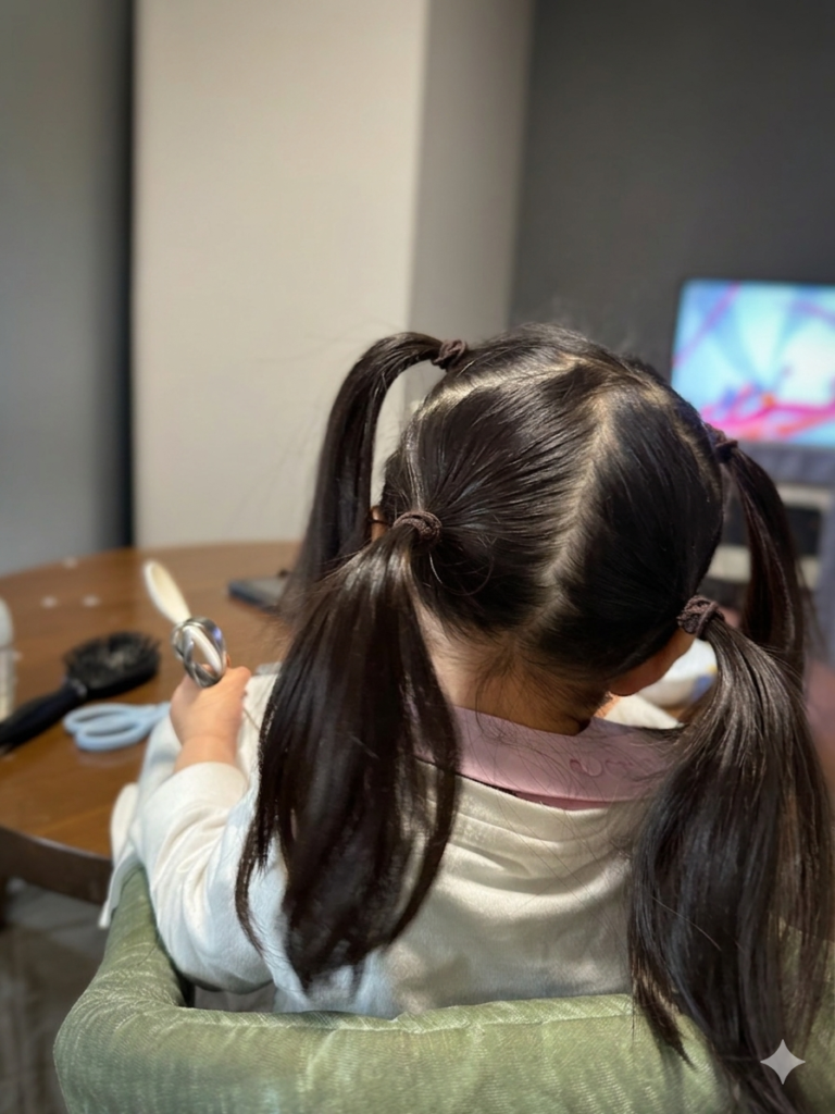 編み込み風ツインテールの手順：髪を上下左右4つのブロックに分けて仮留めした様子