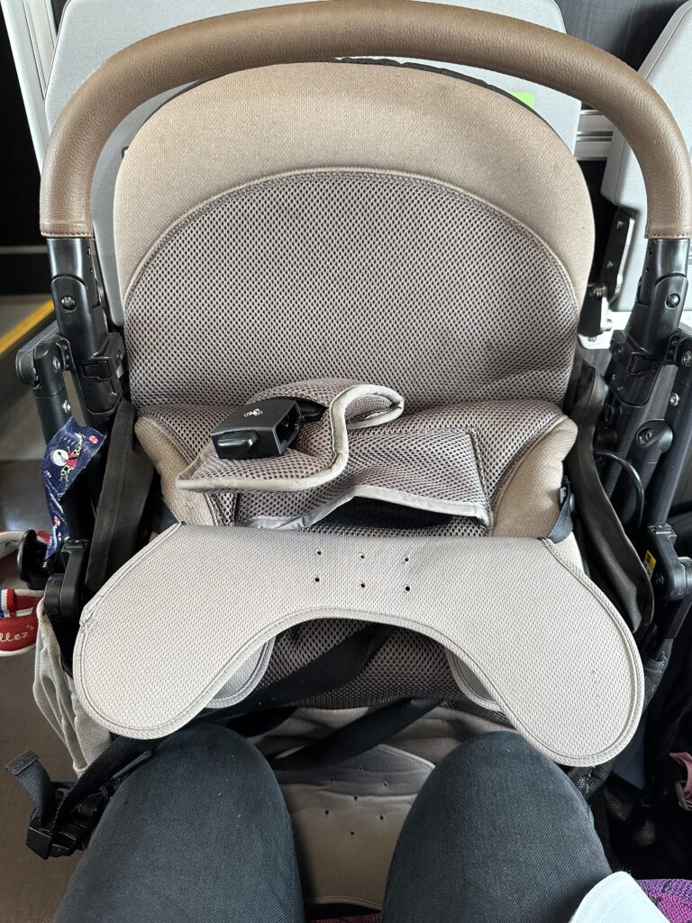 中央線グリーン車で足元に置いた折り畳みベビーカーの様子